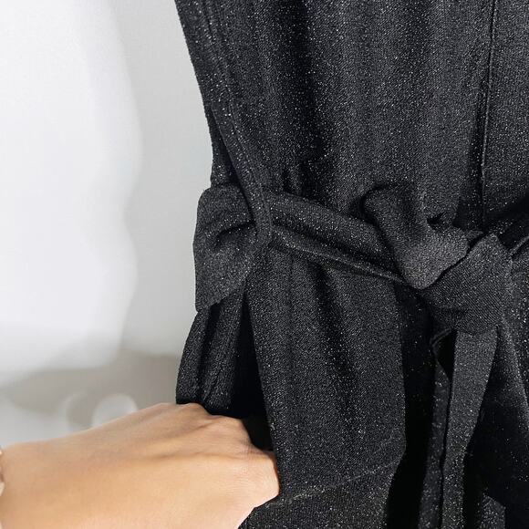 FRNCH Womens Small Black Alex Metallic Jumpsuit Tie Waist Faux Wrap Short Sleeve - Picture 6 of 13